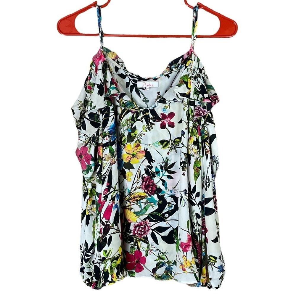Parker Clark Floral Print Silk Blouse Cold Shoulder Long Sleeve SZ Medium
